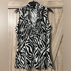 Sleeveless Ruffled Neck Zebra Print Blouse by MILANO Sz M